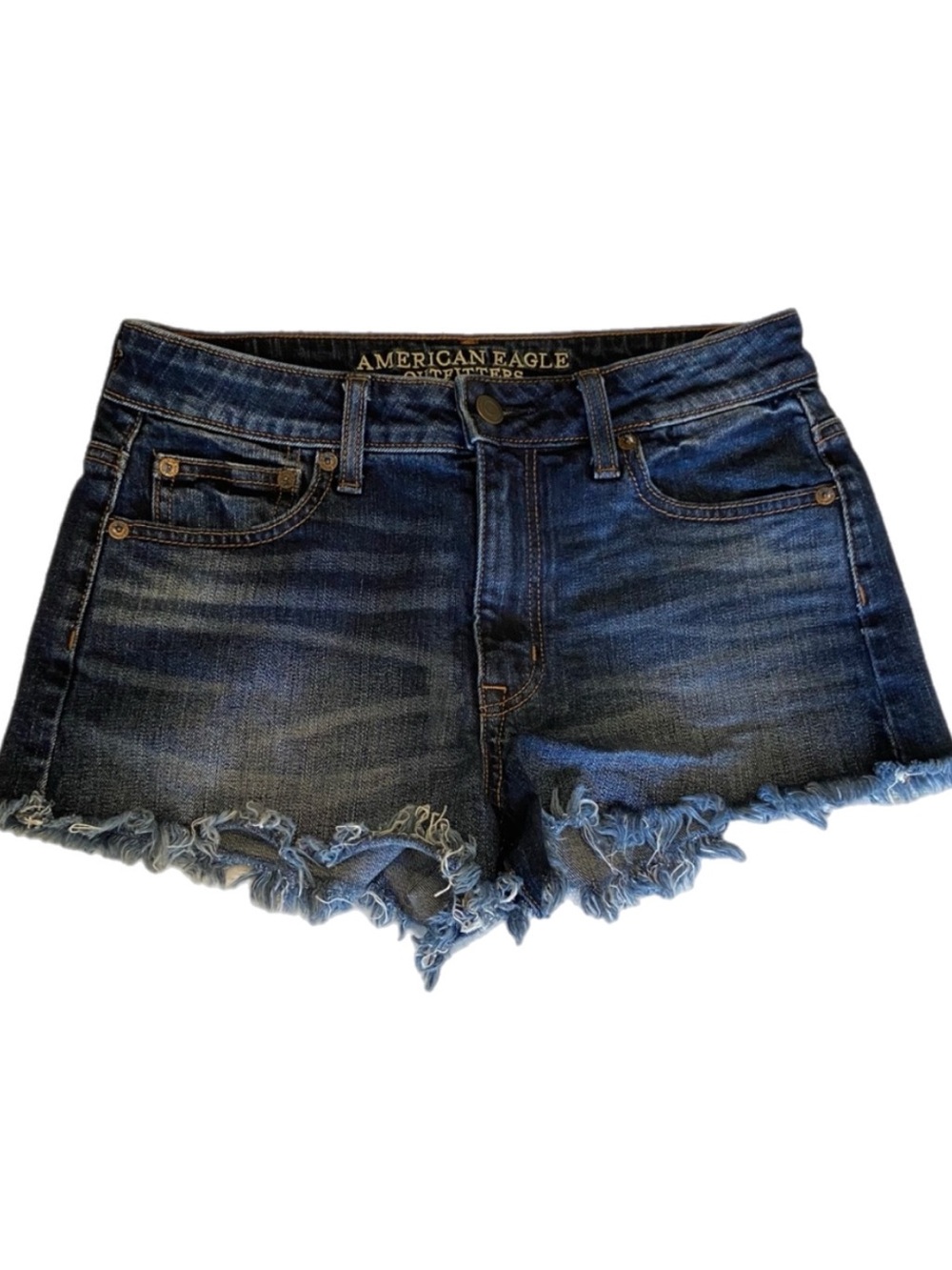 American Eagle Shorts Daisy Dukes Mid Rise Raw Hem Dark Wash Stretch Beach Sz 4